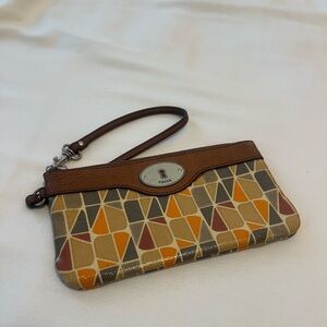 Fossil Leather Wristlet Key-Per Calypso Geometric Brown Gray Orange Pattern